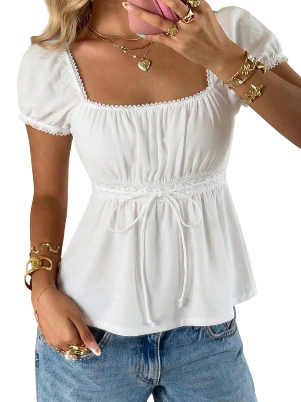 Women's Short Sleeve Babydoll Tops Cute Summer Blouse